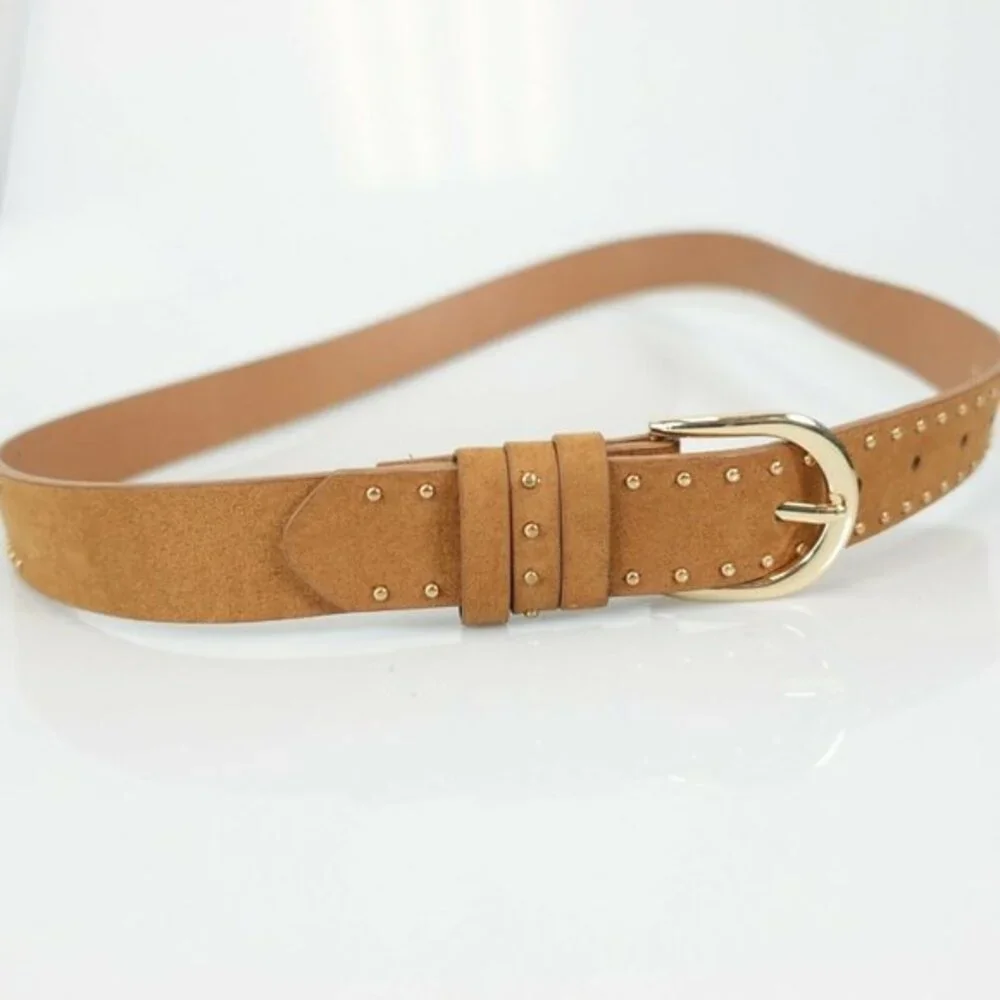 Y2K‎ Indie Sleaze Studded Belt 32 SMALL Tan Neutral Faux Suede MUDD Gold Buckle